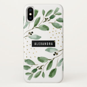 Modern Watercolor Greenery and Gold iPhone X Case