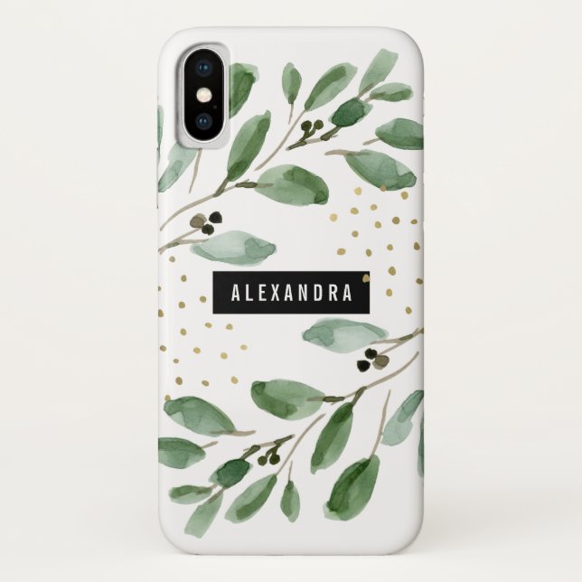 Modern Watercolor Greenery and Gold Case-Mate iPhone Case (Back)