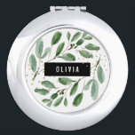 Modern Watercolor Greenery and Gold Compact Mirror<br><div class="desc">This trendy and stylish mirror features botanical watercolor green leaves,  with faux gold accents. There is a modern black frame in the centre of the design,  with your name or monogram in white. A fashionable and elegant gift.</div>