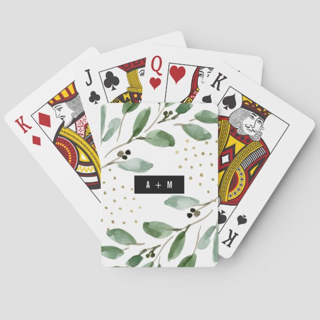Modern Watercolor Greenery and Gold | Monogrammed Playing Cards (Back)