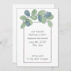 Modern Watercolor Greenery Birth Announcement