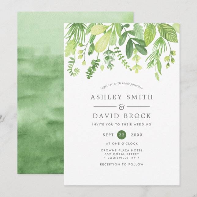 Modern Watercolor Greenery Botanical Wedding Invitation (Front/Back)