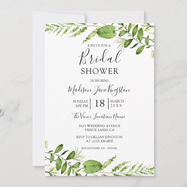 Modern Watercolor Greenery Bridal Shower Invitation (Front)
