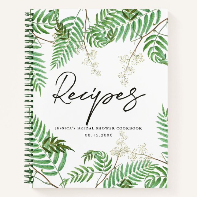 Modern Watercolor Greenery Bridal Shower Recipe Notebook (Front)