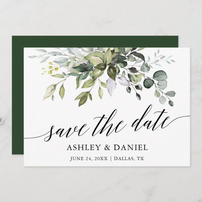 Modern Watercolor Greenery Calligraphy Save The Date (Front/Back)