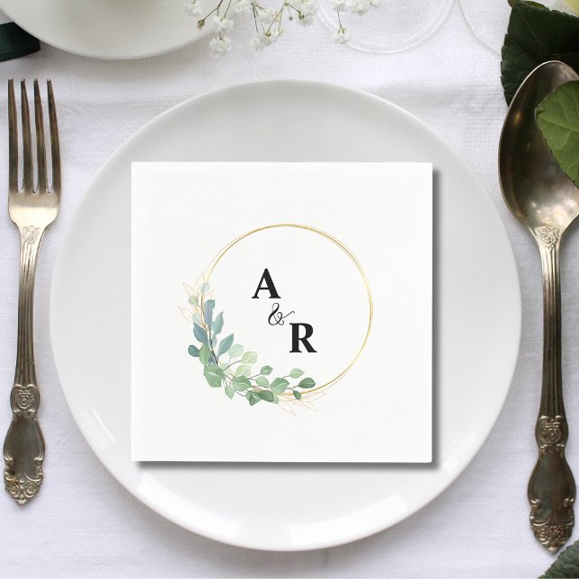 Modern Watercolor Greenery Couple Monogram Wedding Napkin (Creator Uploaded)