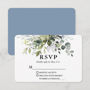 Modern Watercolor Greenery Dusty Blue Wedding RSVP Card