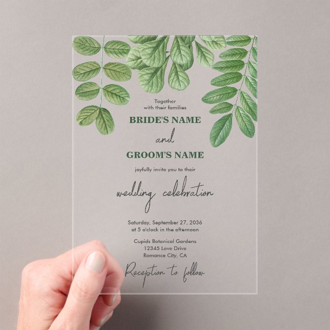 Modern Watercolor Greenery Emerald Green Wedding Acrylic Invitations (Insitu (Handheld))