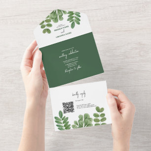 Modern Watercolor Greenery Emerald Green Wedding All In One Invitation