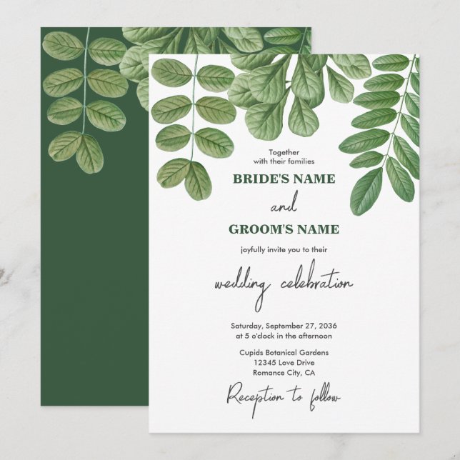 Modern Watercolor Greenery Emerald Green Wedding Invitation (Front/Back)