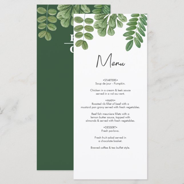 Modern Watercolor Greenery Emerald Green Wedding Menu (Front/Back)