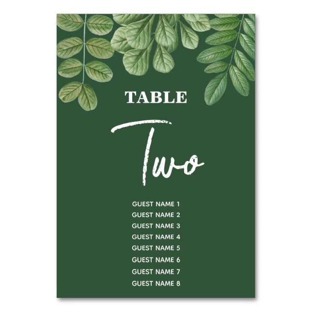 Modern Watercolor Greenery Emerald Green Wedding  Table Number (Front)