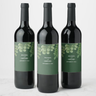 Modern Watercolor Greenery Emerald Green Wedding Wine Label