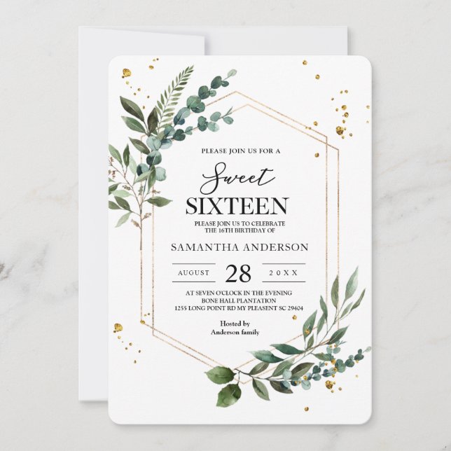 Modern Watercolor Greenery Eucalyptus Gold Frame  Invitation (Front)