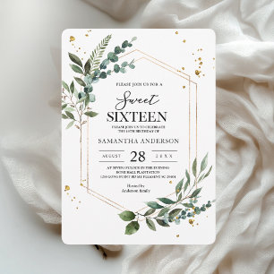 Modern Watercolor Greenery Eucalyptus Gold Frame  Invitation