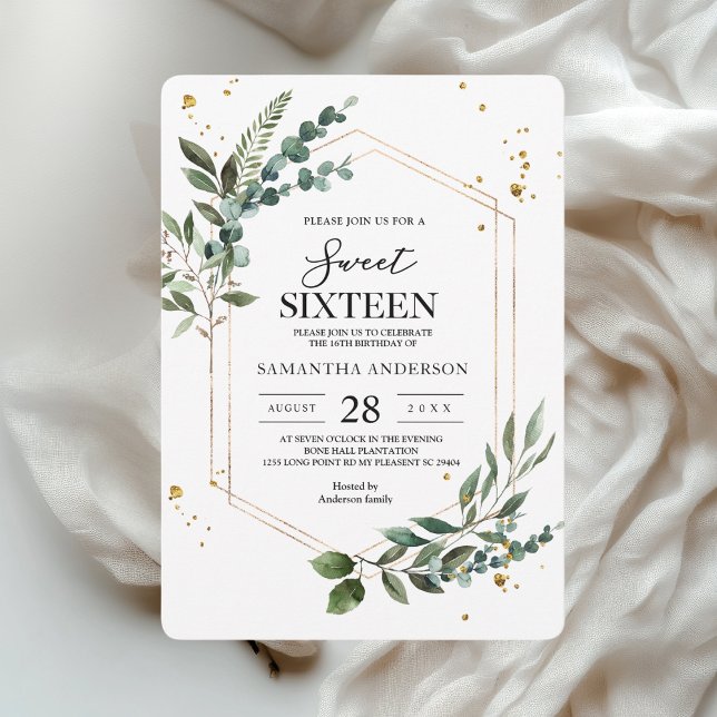 Modern Watercolor Greenery Eucalyptus Gold Frame  Invitation (Creator Uploaded)