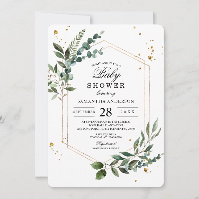 Modern Watercolor Greenery Eucalyptus Gold Frame  Invitation (Front)