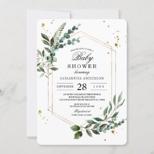 Modern Watercolor Greenery Eucalyptus Gold Frame  Invitation