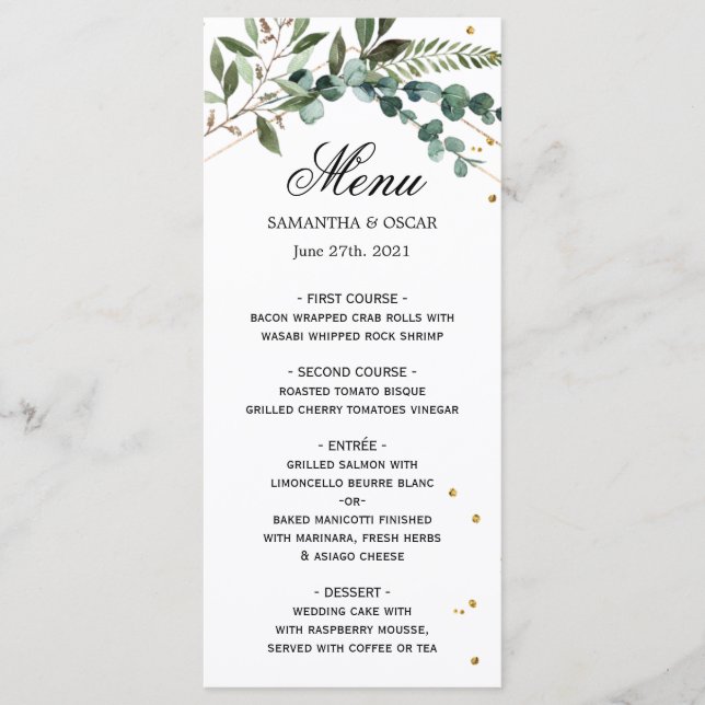 Modern Watercolor Greenery Eucalyptus Gold Frame  Menu (Front)
