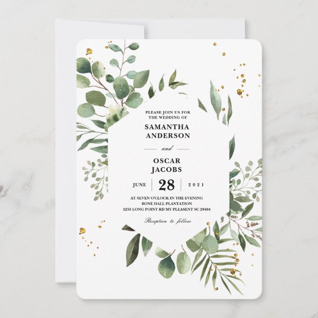 Modern Watercolor Greenery Eucalyptus Green Frame  Invitation (Front)
