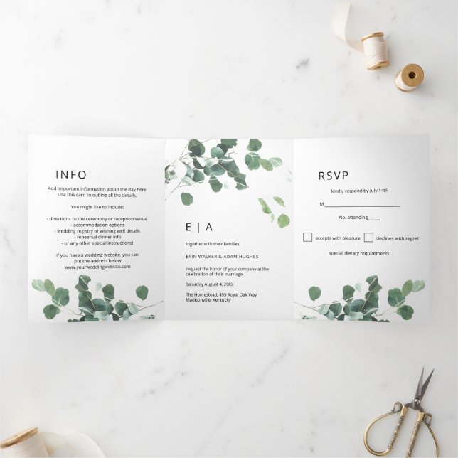 Modern Watercolor Greenery Eucalyptus Wedding Tri- Tri-Fold Invitation (Inside)