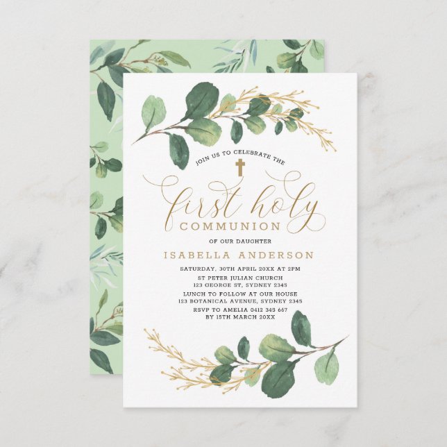 Modern Watercolor Greenery First Holy Communion Invitation (Front/Back)