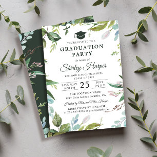 Modern Watercolor Greenery Floral Graduation Party Invitation
