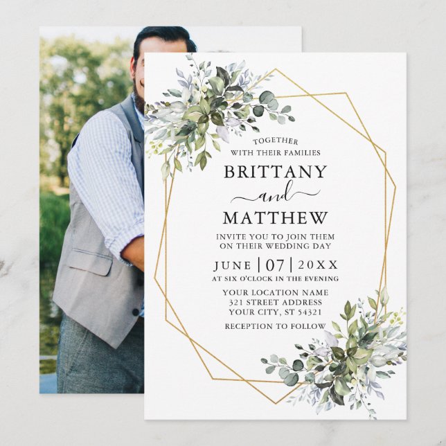 Modern Watercolor Greenery Geo Frame Photo Wedding Invitation (Front/Back)
