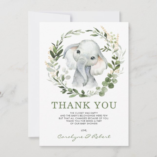 Modern Watercolor Greenery Gold Baby Elephant Thank You Card (Front)