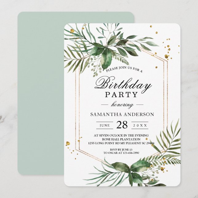 Modern Watercolor Greenery Gold Frame  Invitation (Front/Back)