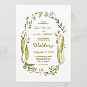 Modern Watercolor Greenery Laurel Wedding Invitation