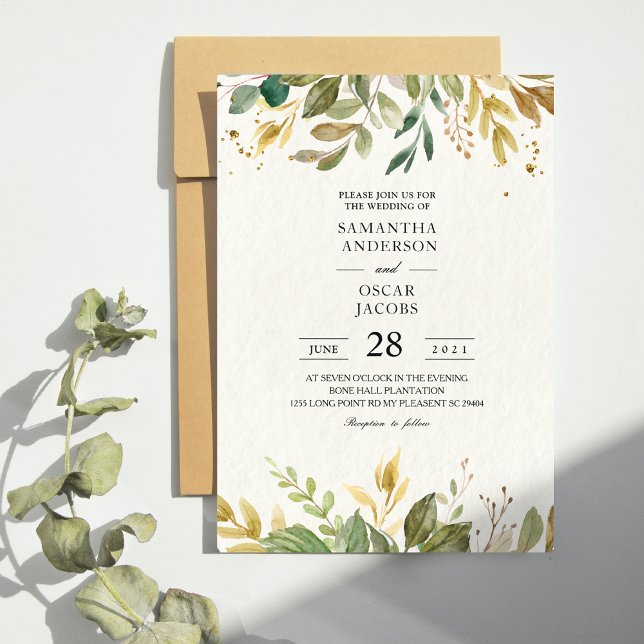 Modern Watercolor Greenery Leaf & Gold Drops Invitation (Creator Uploaded)