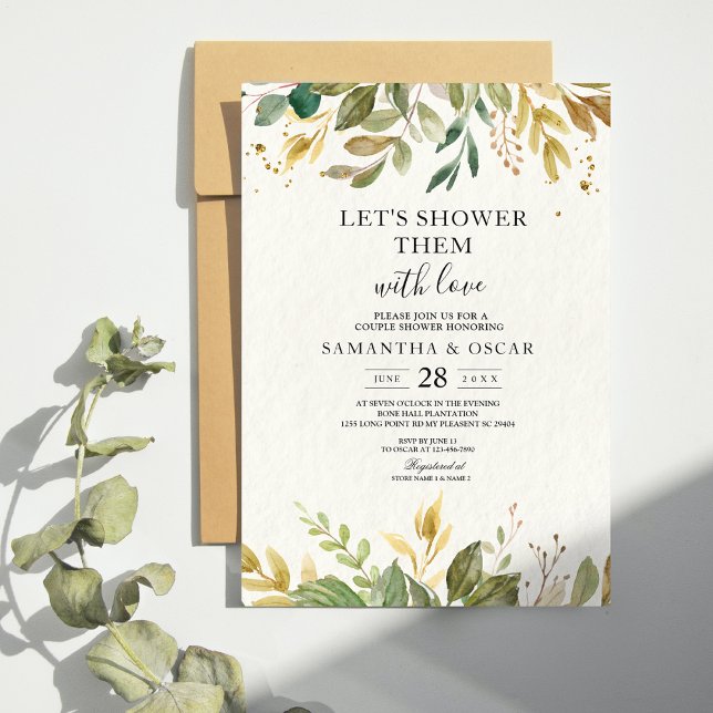 Modern Watercolor Greenery Leaf & Gold Drops Invitation (Creator Uploaded)