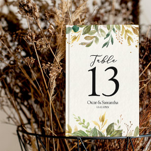 Modern Watercolor Greenery Leaf & Gold Drops Table Number