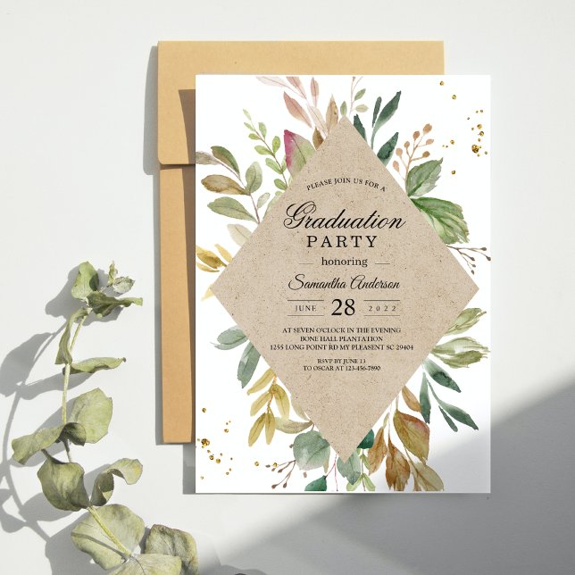 Modern Watercolor Greenery Leaf Kraft Frame & Gold Invitation (Creator Uploaded)