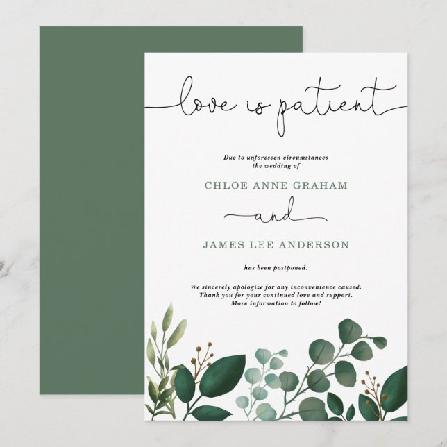 Modern Watercolor Greenery Love is Patient Wedding Invitation (Front/Back)