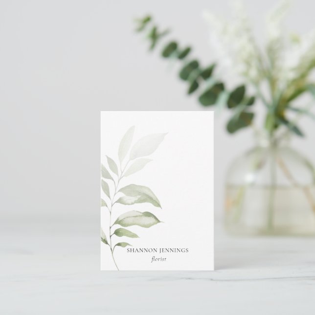 Modern Watercolor Greenery Minimal White Business  Business Card (Standing Front)