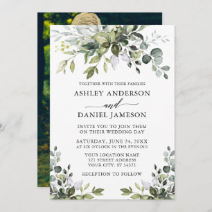 Modern Watercolor Greenery Photo Back Wedding Invitation