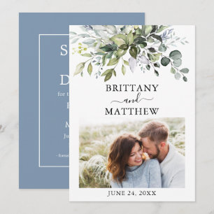 Modern Watercolor Greenery Photo Dusty Blue Save The Date