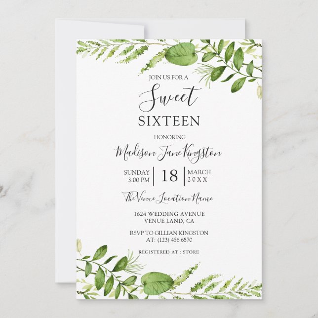 Modern Watercolor Greenery Sweet 16 Invitation (Front)