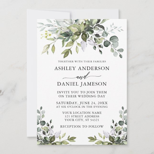 Modern Watercolor Greenery Wedding Calligraphy Invitation (Front)