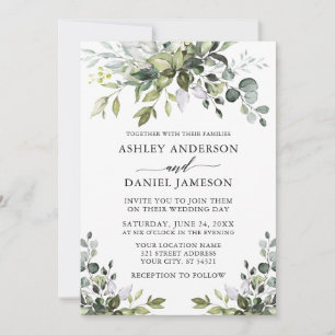Modern Watercolor Greenery Wedding Calligraphy Invitation