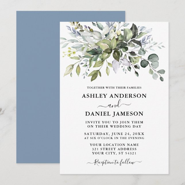 Modern Watercolor Greenery Wedding Dusty Blue Invitation (Front/Back)