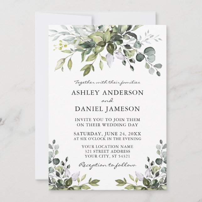 Modern Watercolor Greenery Wedding Invitation (Front)