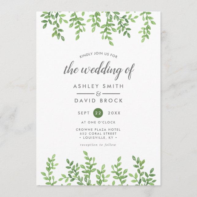 Modern Watercolor Greenery Wedding Invitation (Front)