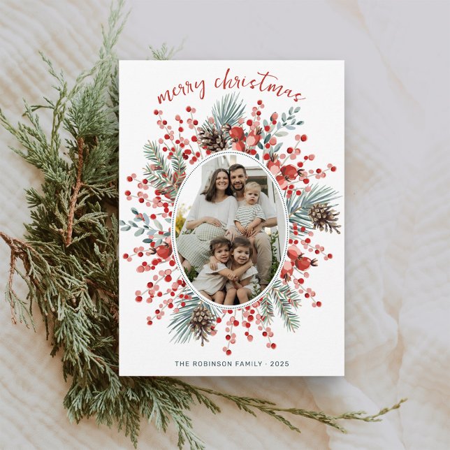 Modern Watercolor Greenery Wreath Photo Christmas Holiday Card (Elegant watercolor colorful pink and red greenery botanical frame Merry Christmas photo holiday card)