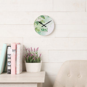 Modern Watercolor Greeny Flowers & personalise Round Clock