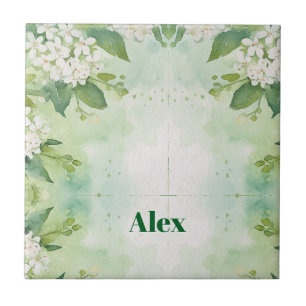 Modern Watercolor Greeny Flowers & personalise Tile