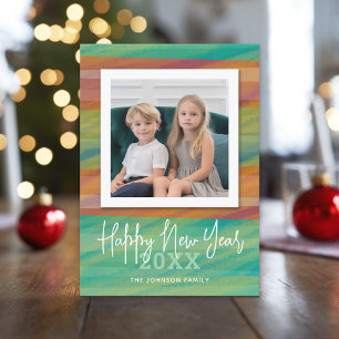 Modern Watercolor Happy New Year Holiday Photo Card