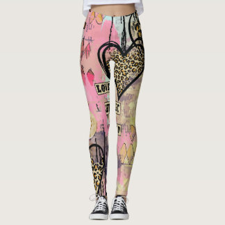 Modern watercolor heart leopard skin leggings